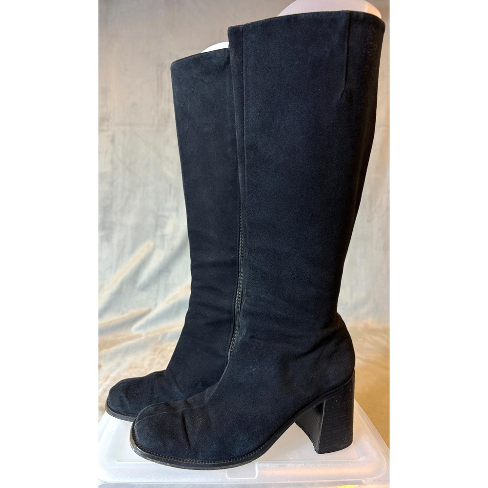 Vtg Y2K 90'S GUESS Black Suede Knee High Square Toe Chunky Block Heel Boots 8